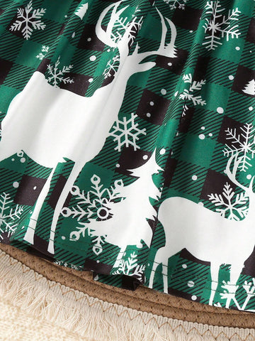 Young Girl Cute Christmas Santa Dress, Snowy Forest Deer Plaid Elastic Party Mini Dress