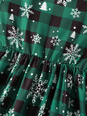 Young Girl Cute Christmas Santa Dress, Snowy Forest Deer Plaid Elastic Party Mini Dress