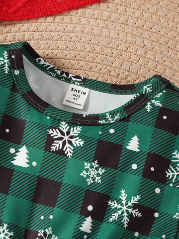 Young Girl Cute Christmas Santa Dress, Snowy Forest Deer Plaid Elastic Party Mini Dress