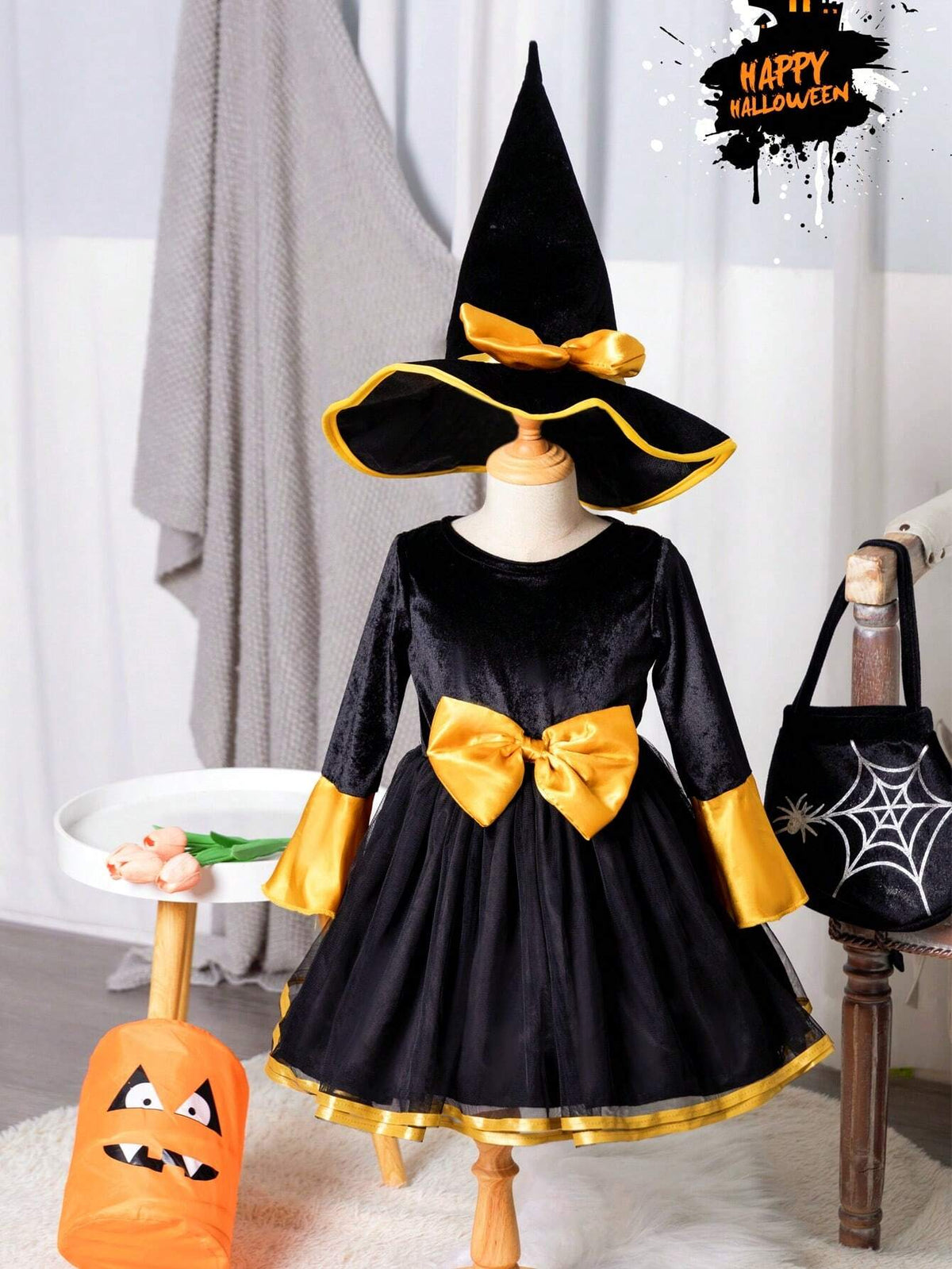 Kids Young Girl Halloween Black Velvet & Mesh Patchwork Dress With Pointy Hat, Costume For Holiday Party & Costume Play