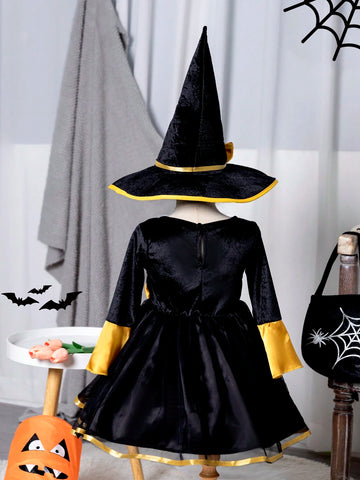 Kids Young Girl Halloween Black Velvet & Mesh Patchwork Dress With Pointy Hat, Costume For Holiday Party & Costume Play