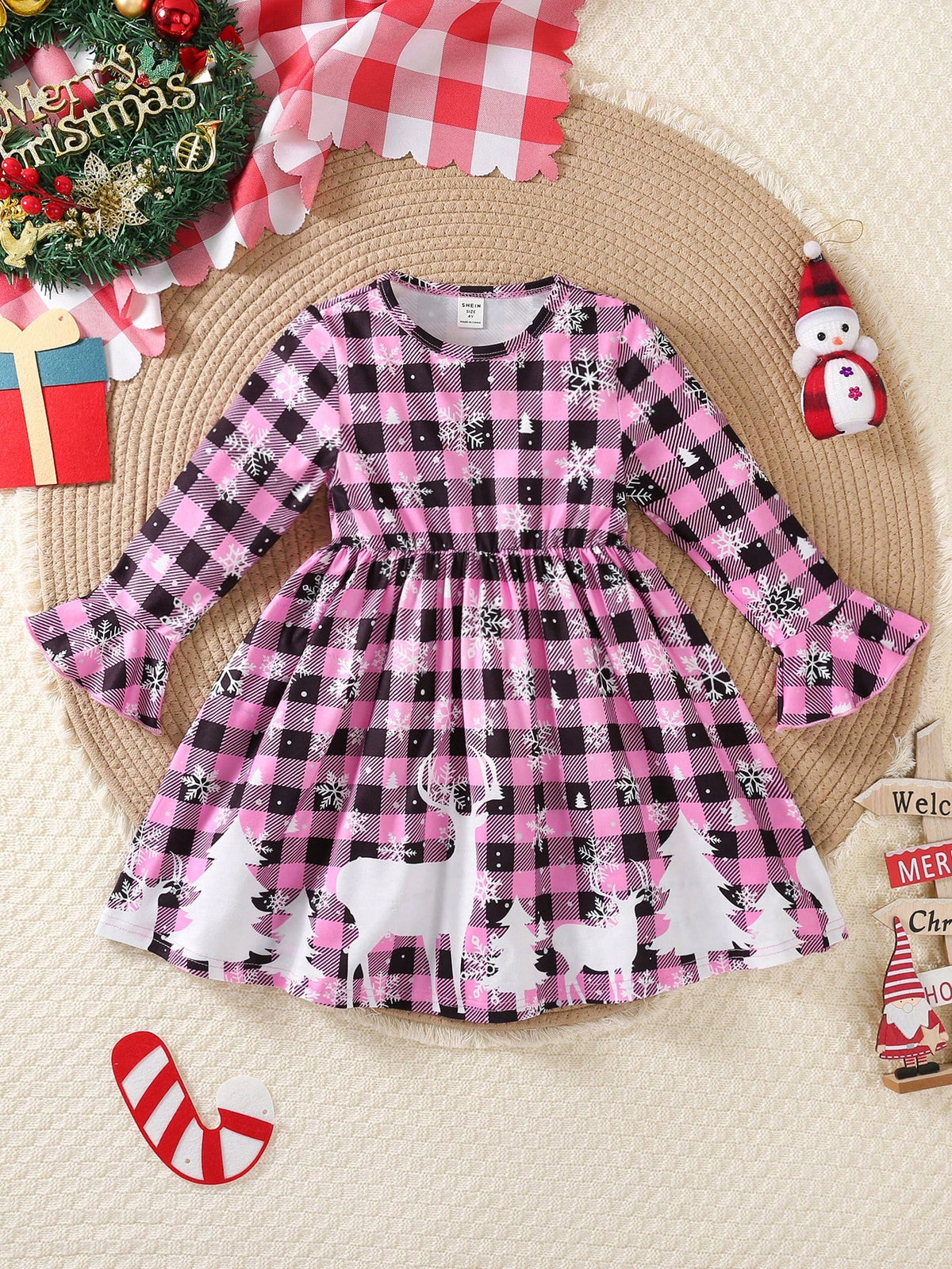 Persoplay Kids Young Girls Christmas Santa Dress, Cute & Snowing Forest Deer Plaid Elastic Dress