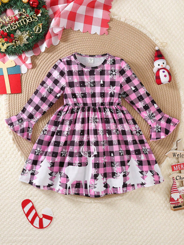 Persoplay Kids Young Girls Christmas Santa Dress, Cute & Snowing Forest Deer Plaid Elastic Dress