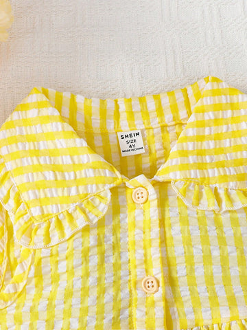 Young Girl Elegant Sweet Pink Gingham Collar Sleeveless A-Line Dress