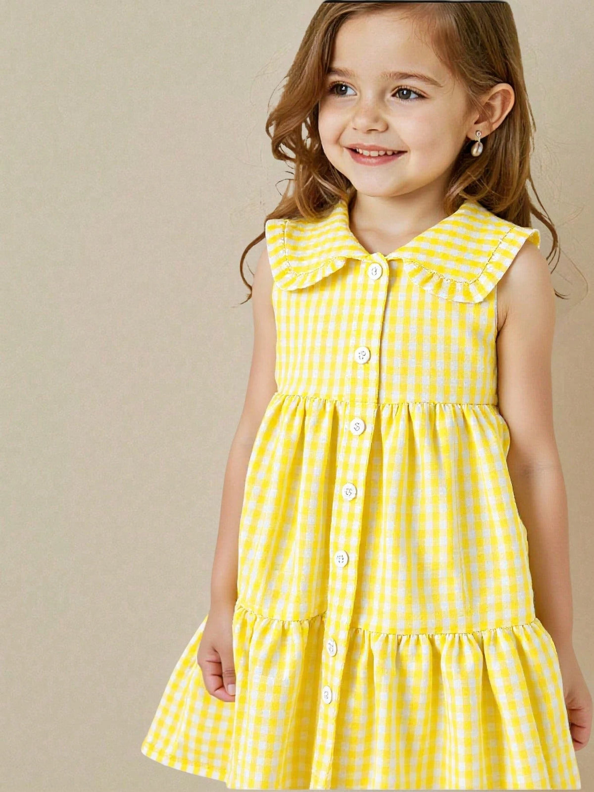 Young Girl Elegant Sweet Pink Gingham Collar Sleeveless A-Line Dress