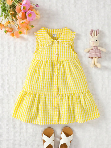 Young Girl Elegant Sweet Pink Gingham Collar Sleeveless A-Line Dress