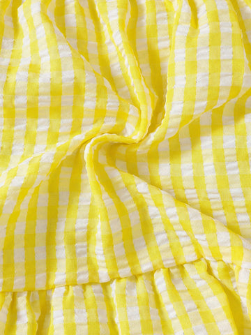 Young Girl Elegant Sweet Pink Gingham Collar Sleeveless A-Line Dress