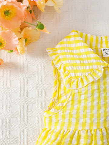 Young Girl Elegant Sweet Pink Gingham Collar Sleeveless A-Line Dress