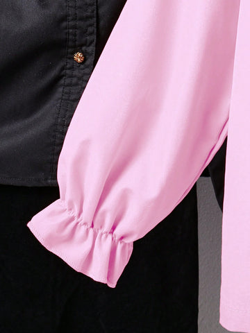 Plus Size Young Girl Summer Ruffle Tie Neck Sheer Mesh Puff Sleeve Faux Pearl Decor Elegant Blouse