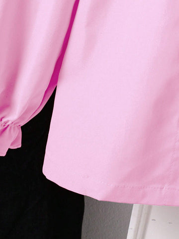 Plus Size Young Girl Summer Ruffle Tie Neck Sheer Mesh Puff Sleeve Faux Pearl Decor Elegant Blouse