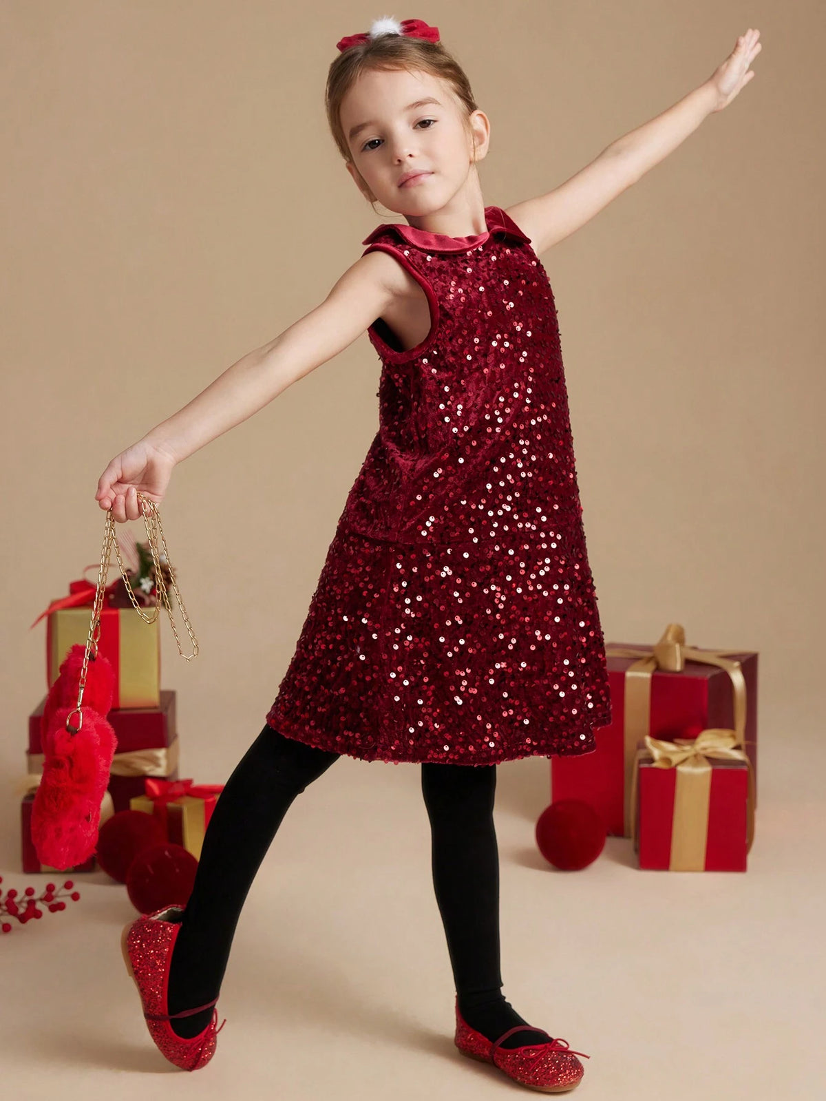 PrepCrw Autumn/Winter Young Girls' Collegiate Style Burgundy Knit Sequin A-Line Collared Jumper Dress