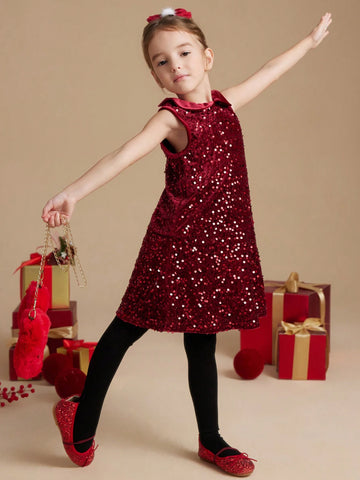 PrepCrw Autumn/Winter Young Girls' Collegiate Style Burgundy Knit Sequin A-Line Collared Jumper Dress