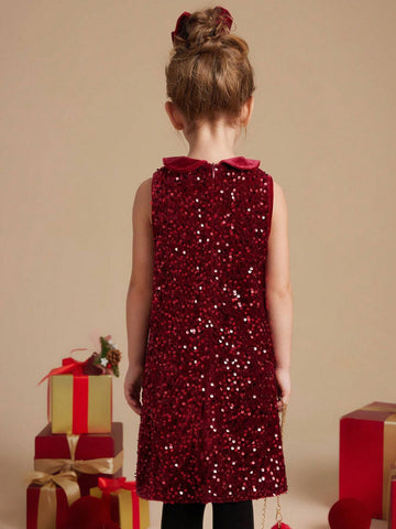 PrepCrw Autumn/Winter Young Girls' Collegiate Style Burgundy Knit Sequin A-Line Collared Jumper Dress