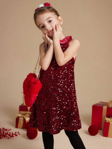 PrepCrw Autumn/Winter Young Girls' Collegiate Style Burgundy Knit Sequin A-Line Collared Jumper Dress