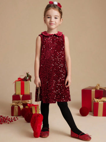 PrepCrw Autumn/Winter Young Girls' Collegiate Style Burgundy Knit Sequin A-Line Collared Jumper Dress