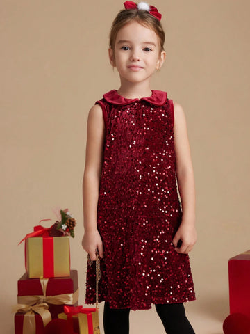 PrepCrw Autumn/Winter Young Girls' Collegiate Style Burgundy Knit Sequin A-Line Collared Jumper Dress