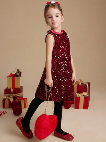 PrepCrw Autumn/Winter Young Girls' Collegiate Style Burgundy Knit Sequin A-Line Collared Jumper Dress