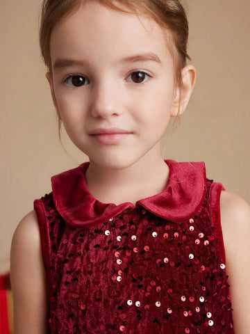 PrepCrw Autumn/Winter Young Girls' Collegiate Style Burgundy Knit Sequin A-Line Collared Jumper Dress