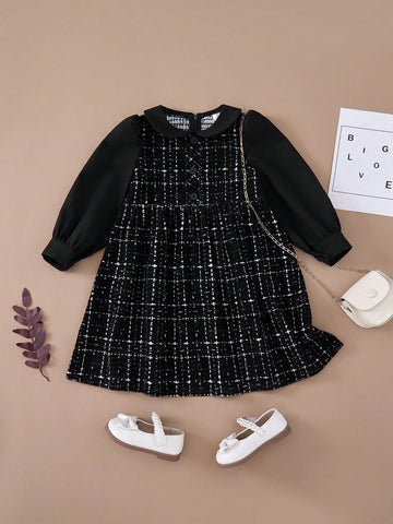 PrepCrw Young Girls A-Line Collared Dress, With Black Mesh Sleeves And Waistline, For School/Academy Style, Autumn & Winter