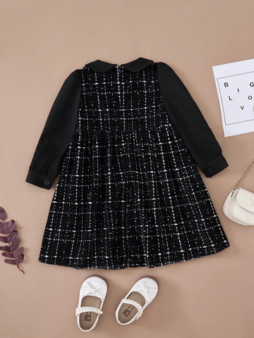 PrepCrw Young Girls A-Line Collared Dress, With Black Mesh Sleeves And Waistline, For School/Academy Style, Autumn & Winter