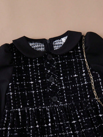 PrepCrw Young Girls A-Line Collared Dress, With Black Mesh Sleeves And Waistline, For School/Academy Style, Autumn & Winter