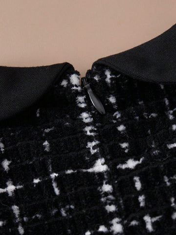 PrepCrw Young Girls A-Line Collared Dress, With Black Mesh Sleeves And Waistline, For School/Academy Style, Autumn & Winter