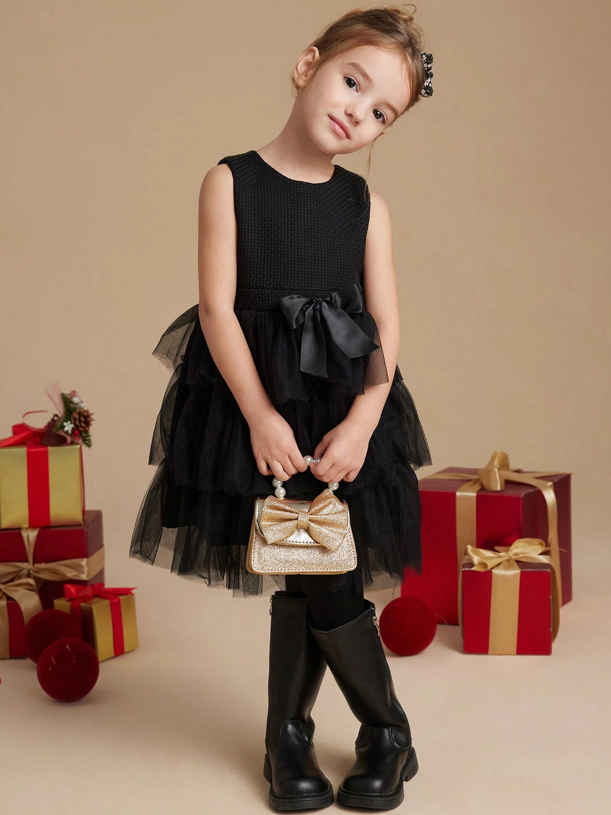 PrepCrw Young Girls' A-Line Round Collar Sleeveless Woven Patchwork Mesh Bow Decor Waist Cinched Mini Dress, School Style, Autumn/Winter