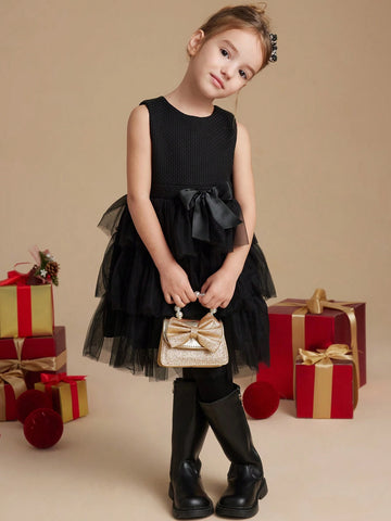 PrepCrw Young Girls' A-Line Round Collar Sleeveless Woven Patchwork Mesh Bow Decor Waist Cinched Mini Dress, School Style, Autumn/Winter