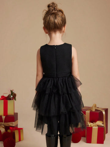 PrepCrw Young Girls' A-Line Round Collar Sleeveless Woven Patchwork Mesh Bow Decor Waist Cinched Mini Dress, School Style, Autumn/Winter