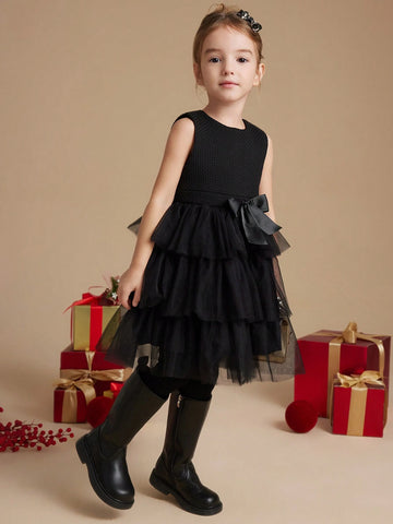 PrepCrw Young Girls' A-Line Round Collar Sleeveless Woven Patchwork Mesh Bow Decor Waist Cinched Mini Dress, School Style, Autumn/Winter