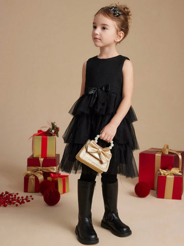 PrepCrw Young Girls' A-Line Round Collar Sleeveless Woven Patchwork Mesh Bow Decor Waist Cinched Mini Dress, School Style, Autumn/Winter