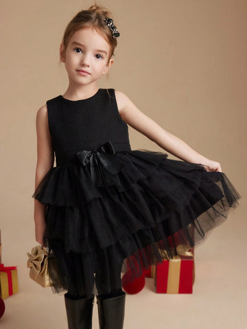 PrepCrw Young Girls' A-Line Round Collar Sleeveless Woven Patchwork Mesh Bow Decor Waist Cinched Mini Dress, School Style, Autumn/Winter