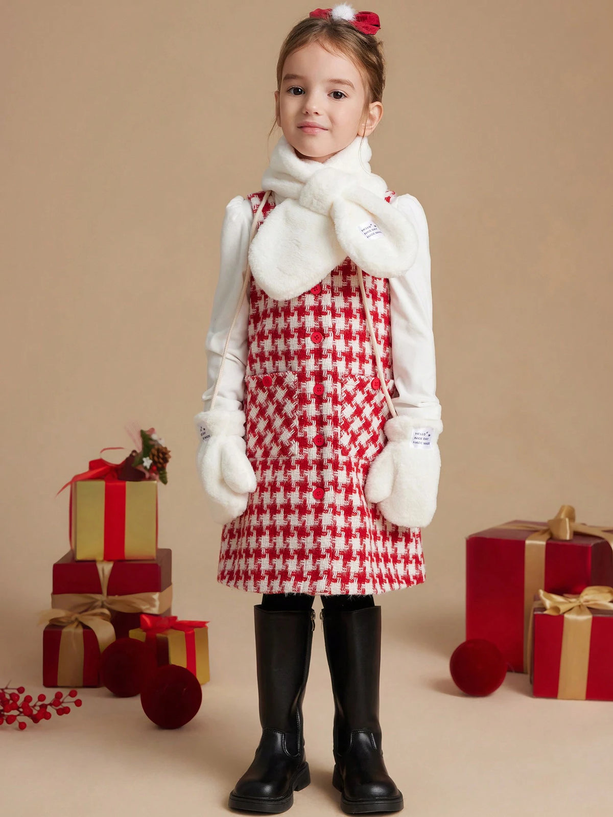PrepCrw Young Girls Academic Style Red Houndstooth Woven Fitted Front Button Sleeveless Dress, Autumn/Winter