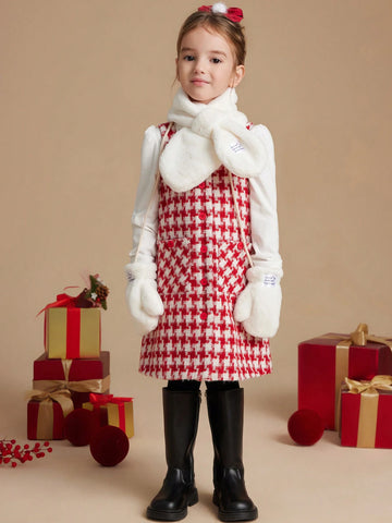 PrepCrw Young Girls Academic Style Red Houndstooth Woven Fitted Front Button Sleeveless Dress, Autumn/Winter