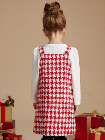 PrepCrw Young Girls Academic Style Red Houndstooth Woven Fitted Front Button Sleeveless Dress, Autumn/Winter