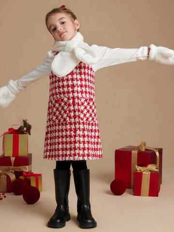 PrepCrw Young Girls Academic Style Red Houndstooth Woven Fitted Front Button Sleeveless Dress, Autumn/Winter