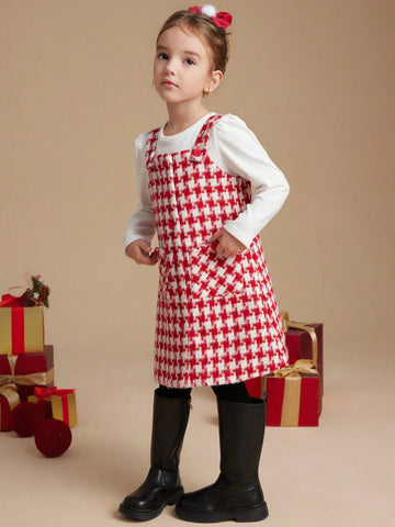 PrepCrw Young Girls Academic Style Red Houndstooth Woven Fitted Front Button Sleeveless Dress, Autumn/Winter