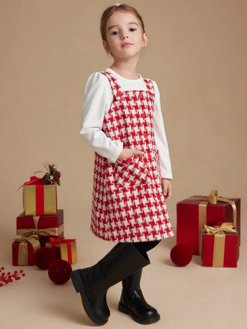 PrepCrw Young Girls Academic Style Red Houndstooth Woven Fitted Front Button Sleeveless Dress, Autumn/Winter