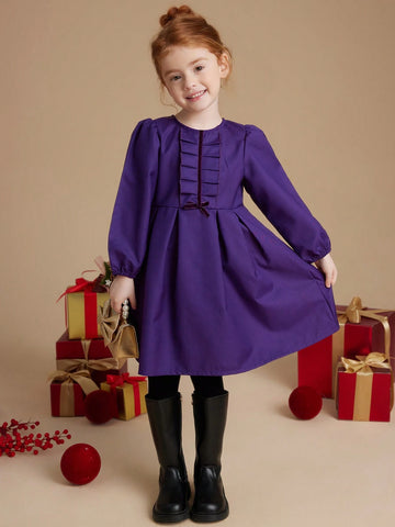 PrepCrw Young Girls' Autumn/Winter Academia Style Navy Blue Bow Tie Woven Cinched Waist A-Line Ruffle Hem Round Neck Dress