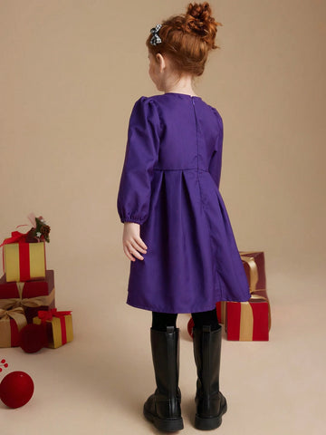 PrepCrw Young Girls' Autumn/Winter Academia Style Navy Blue Bow Tie Woven Cinched Waist A-Line Ruffle Hem Round Neck Dress