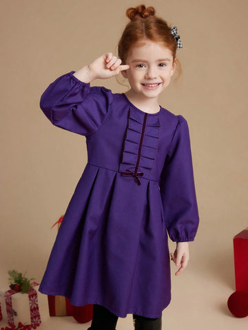 PrepCrw Young Girls' Autumn/Winter Academia Style Navy Blue Bow Tie Woven Cinched Waist A-Line Ruffle Hem Round Neck Dress