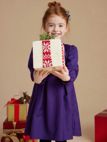 PrepCrw Young Girls' Autumn/Winter Academia Style Navy Blue Bow Tie Woven Cinched Waist A-Line Ruffle Hem Round Neck Dress