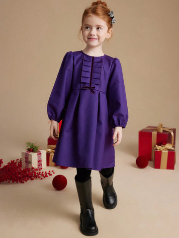 PrepCrw Young Girls' Autumn/Winter Academia Style Navy Blue Bow Tie Woven Cinched Waist A-Line Ruffle Hem Round Neck Dress