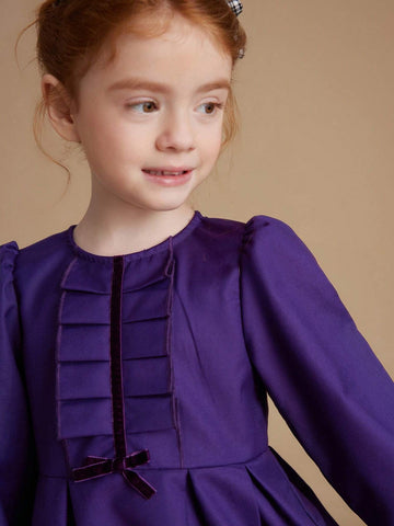 PrepCrw Young Girls' Autumn/Winter Academia Style Navy Blue Bow Tie Woven Cinched Waist A-Line Ruffle Hem Round Neck Dress