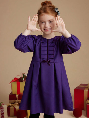 PrepCrw Young Girls' Autumn/Winter Academia Style Navy Blue Bow Tie Woven Cinched Waist A-Line Ruffle Hem Round Neck Dress