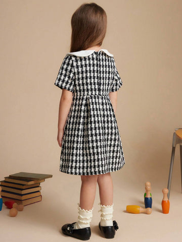 PrepCrw Young Girls' Autumn/Winter Plaid Woven Elastic Waist A-Line Midi Dress With Back Zipper & Collar