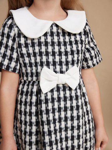 PrepCrw Young Girls' Autumn/Winter Plaid Woven Elastic Waist A-Line Midi Dress With Back Zipper & Collar