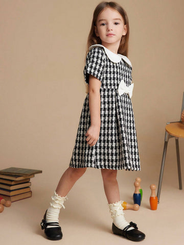 PrepCrw Young Girls' Autumn/Winter Plaid Woven Elastic Waist A-Line Midi Dress With Back Zipper & Collar