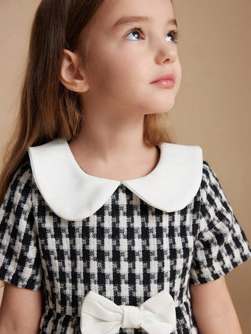 PrepCrw Young Girls' Autumn/Winter Plaid Woven Elastic Waist A-Line Midi Dress With Back Zipper & Collar