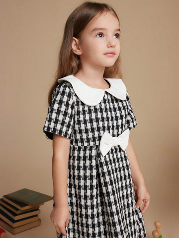 PrepCrw Young Girls' Autumn/Winter Plaid Woven Elastic Waist A-Line Midi Dress With Back Zipper & Collar
